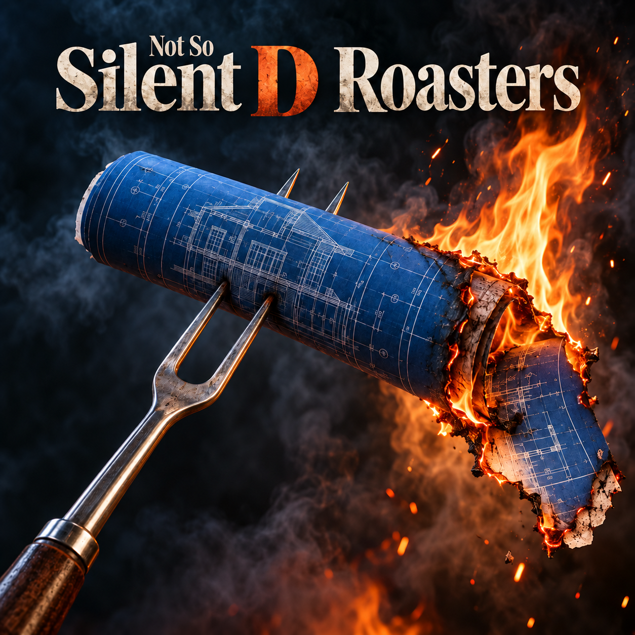 Not So Silent D Roasters artwork: a roll of blueprints on a grill fork, burning at one end